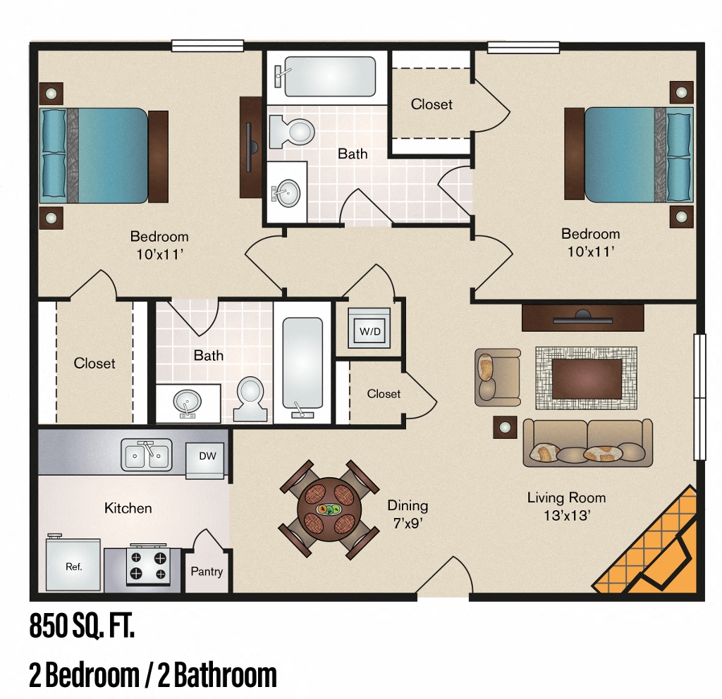 Floor plan for 2 beds, 2 baths, 850 sqft